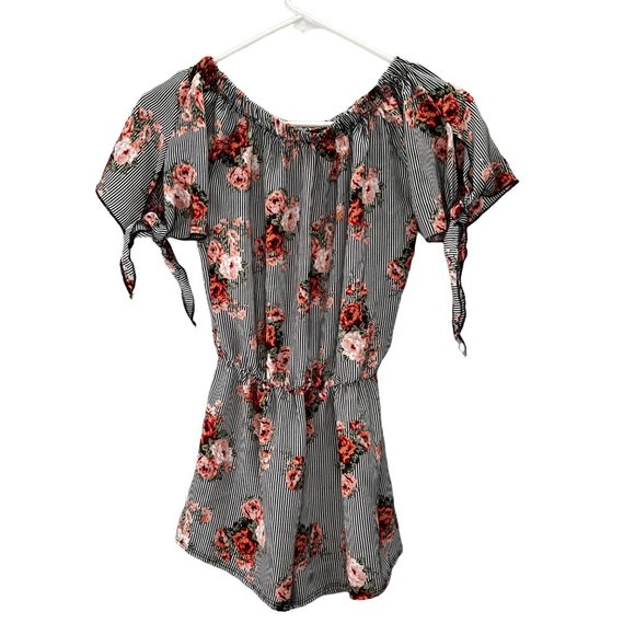 Cheryl Kids Creations Romper size M 10/12 Floral Stripe Off Shoulder Black Peach - Picture 1 of 6